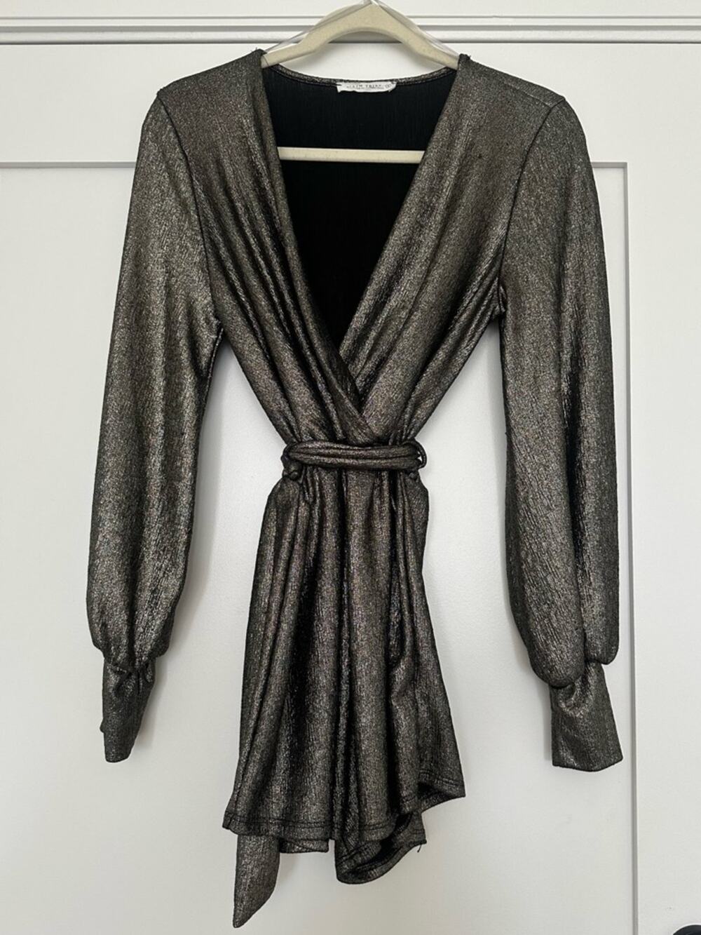 12th Tribe Metallic Charcoal Wrap Dress with Waist Tie